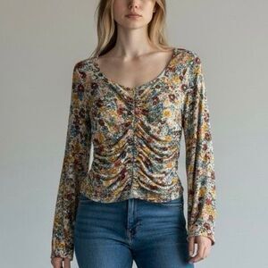 Gimmick L Floral Mesh Long Sleeve Square Neck Blouse Boho Cottagecore Artsy Chic